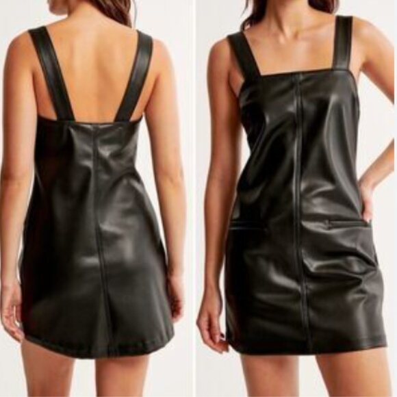 Abercrombie & Fitch Black Vegan Faux Leather Mini Dress Women's Small Tall - Picture 1 of 6
